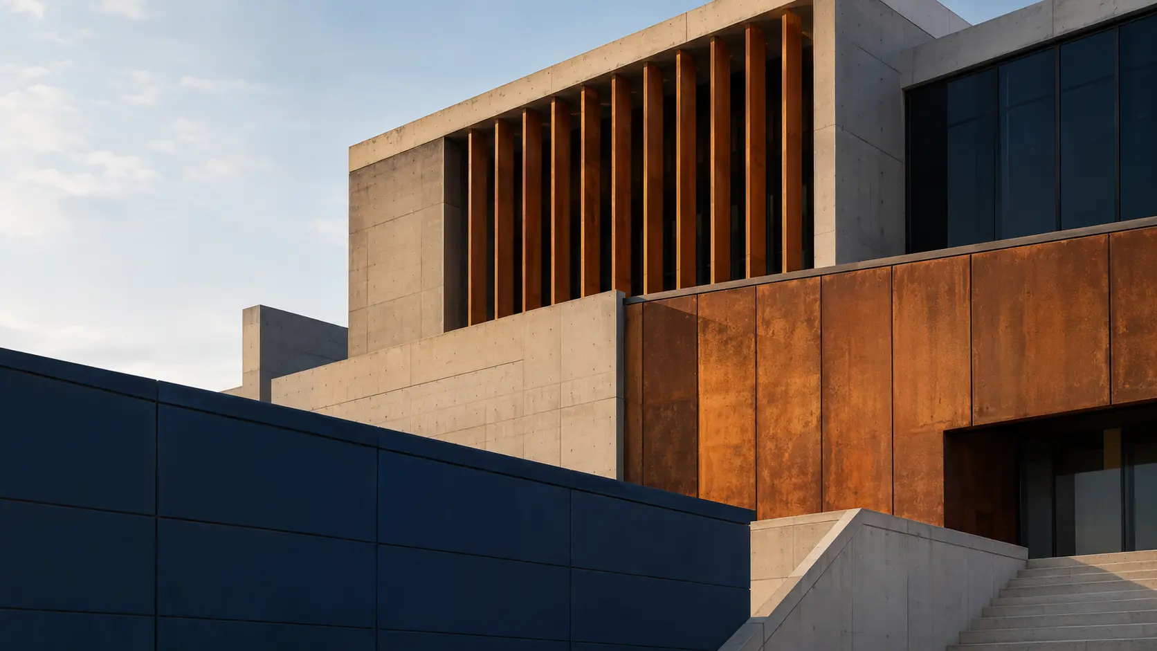 Détail architectural contemporain aux tons bleu profond et bronze.